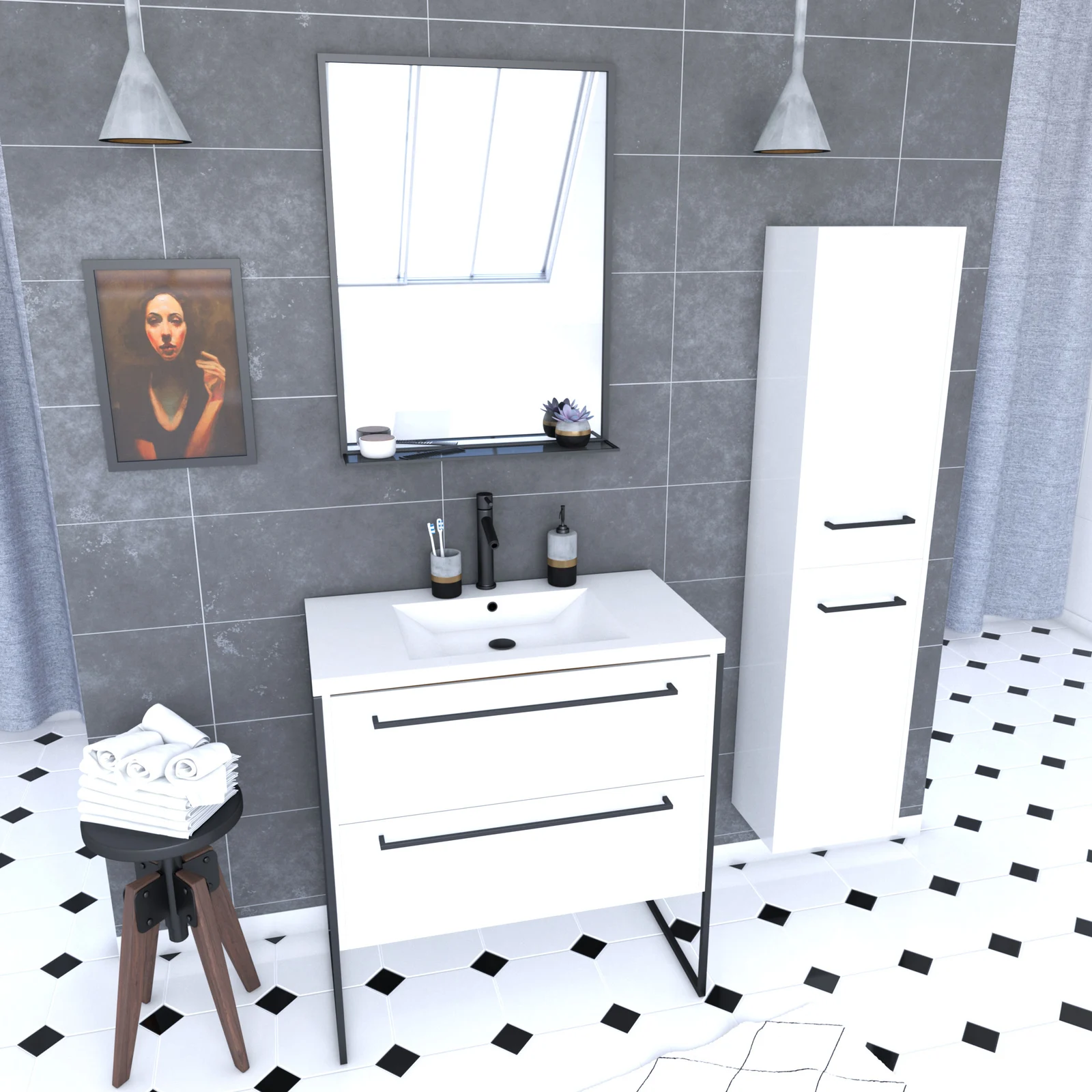 Pack meuble de salle de bain 80x50cm Blanc - 2 tiroirs blanc - vasque blanche + miroir noir mat Pack meuble de salle de bain 80x50cm Blanc - 2 tiroirs blanc - vasque blanche + miroir noir mat