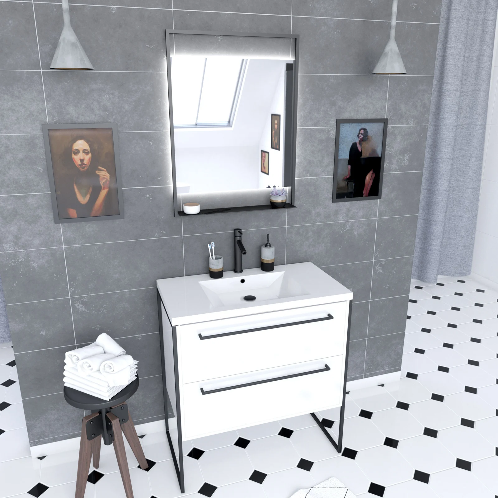 Pack meuble de salle de bain 80x50cm Blanc - 2 tiroirs - vasque blanche et miroir noir mat