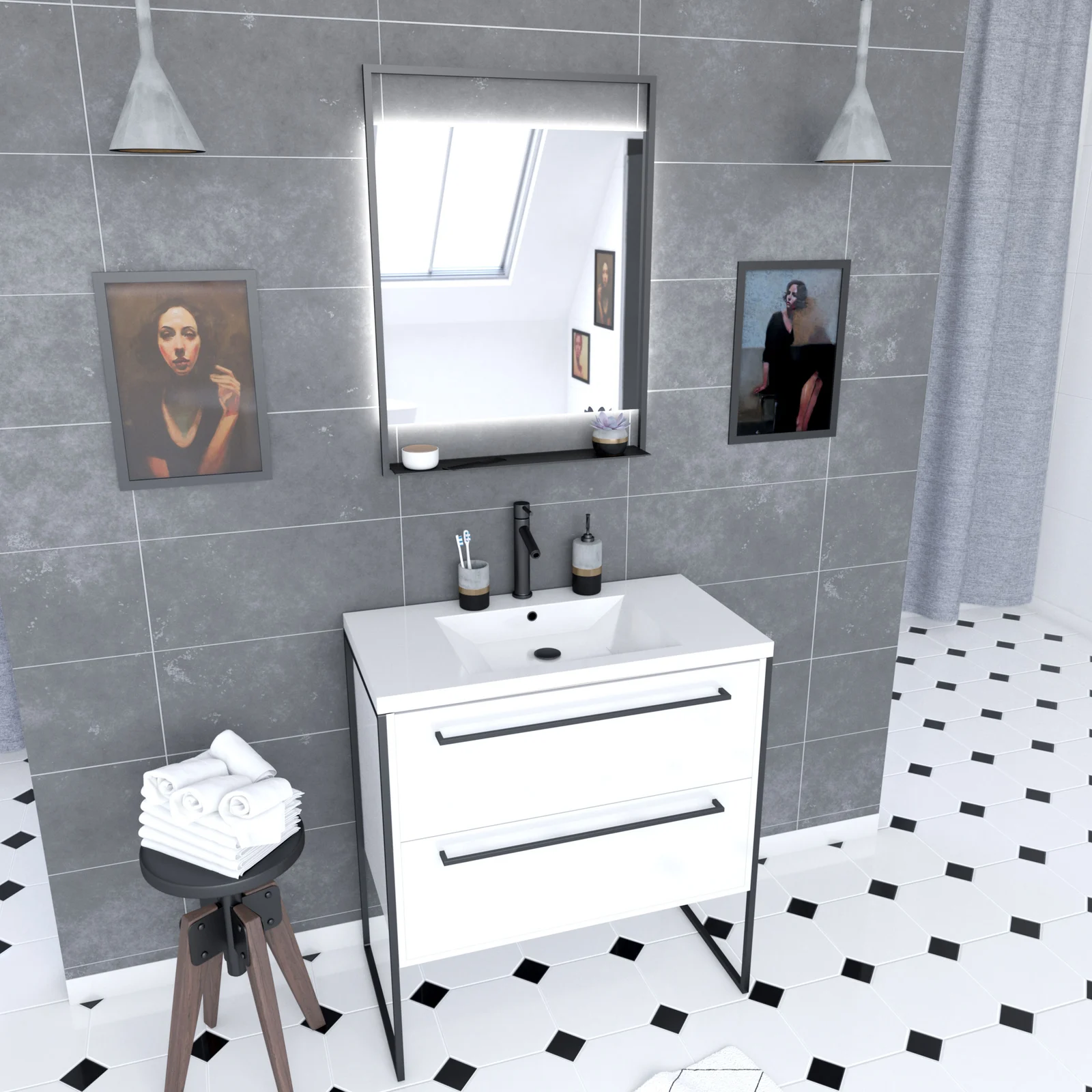 Pack meuble de salle de bain 80x50cm Blanc - 2 tiroirs - vasque blanche et miroir noir mat Pack meuble de salle de bain 80x50cm Blanc - 2 tiroirs - vasque blanche et miroir noir mat