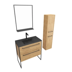 Pack meuble de salle de bain 80x50cm chene brun - 2 tiroirs chene brun - vasque resine noire