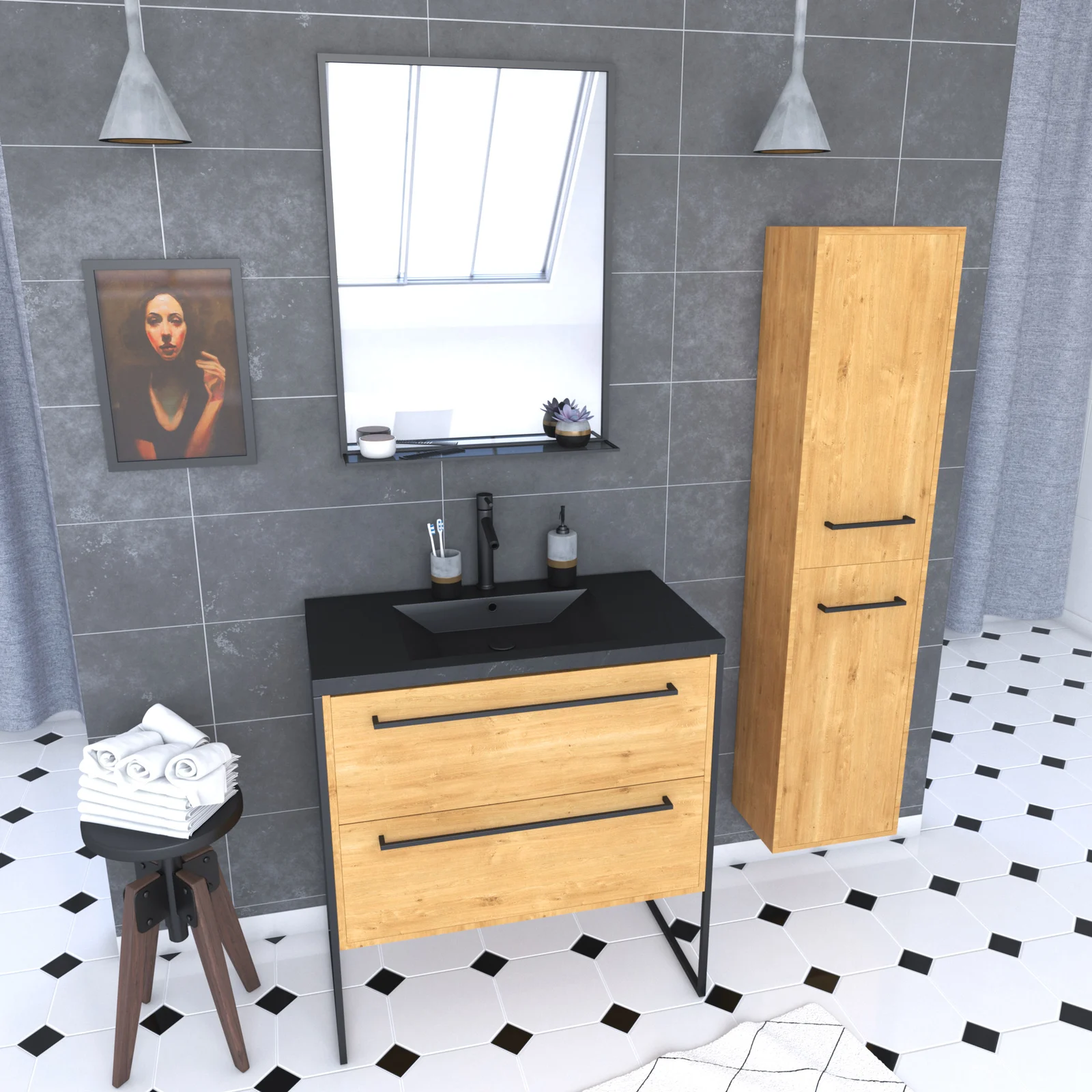 Pack meuble de salle de bain 80x50cm chene brun - 2 tiroirs chene brun - vasque resine noire Pack meuble de salle de bain 80x50cm chene brun - 2 tiroirs chene brun - vasque resine noire