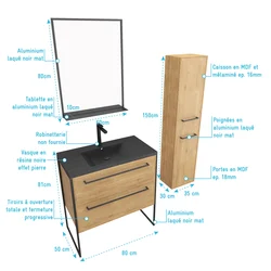 Pack meuble de salle de bain 80x50cm chene brun - 2 tiroirs chene brun - vasque resine noire