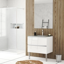 Pack Meuble de salle de bains 80cm Blanc Laqué à tiroirs et Vasque en Verre Gris - NATURA MOOD