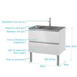 Pack Meuble de salle de bains 80cm Blanc Laqué à tiroirs et Vasque en Verre Gris - NATURA MOOD