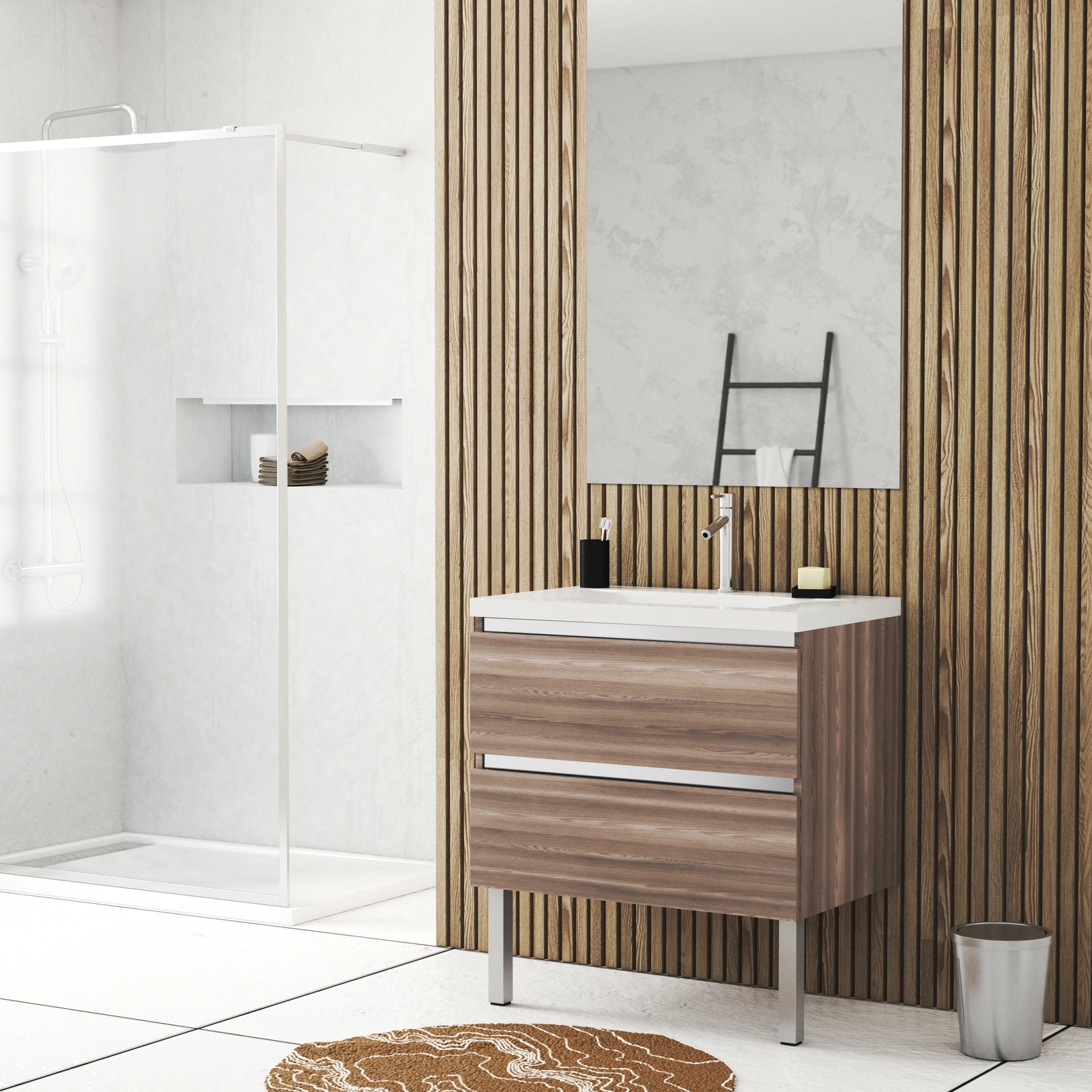 Pack Meuble de salle de bains 80cm Chêne Brun à tiroirs et Vasque en Résine Blanche - NATURA MOOD Pack Meuble de salle de bains 80cm Chêne Brun à tiroirs et Vasque en Résine Blanche - NATURA MOOD