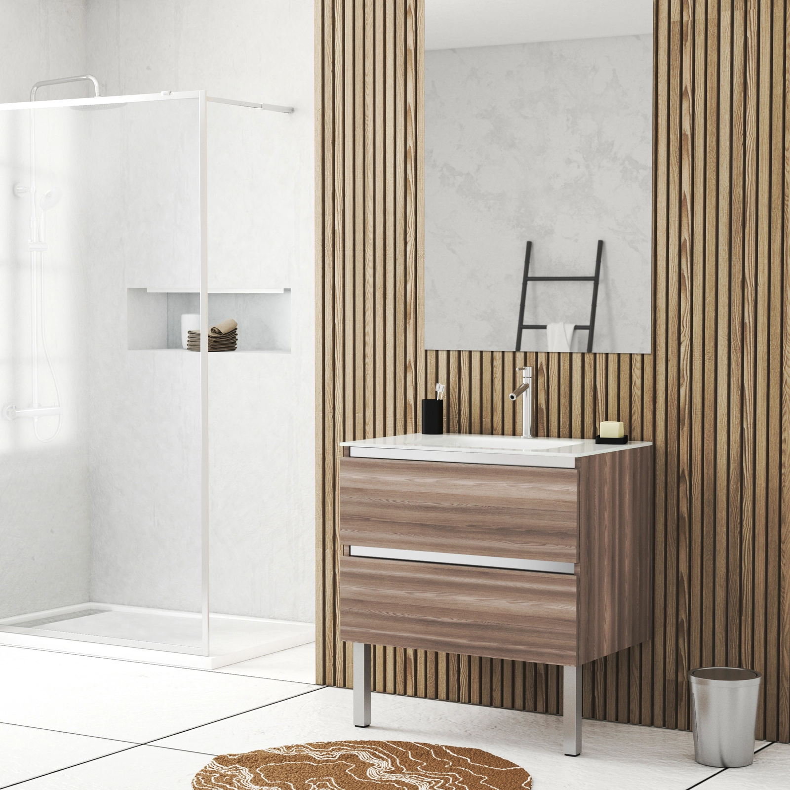 Pack Meuble de salle de bains 80cm Chêne Brun à tiroirs et Vasque en Verre Blanc - NATURA MOOD Pack Meuble de salle de bains 80cm Chêne Brun à tiroirs et Vasque en Verre Blanc - NATURA MOOD