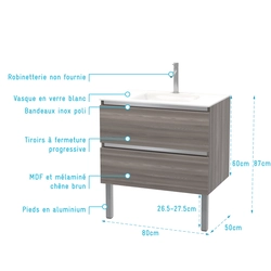Pack Meuble de salle de bains 80cm Chêne Brun à tiroirs et Vasque en Verre Blanc - NATURA MOOD