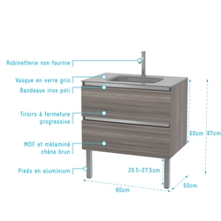 Pack Meuble de salle de bains 80cm Chêne Brun à tiroirs et Vasque en Verre Gris - NATURA MOOD