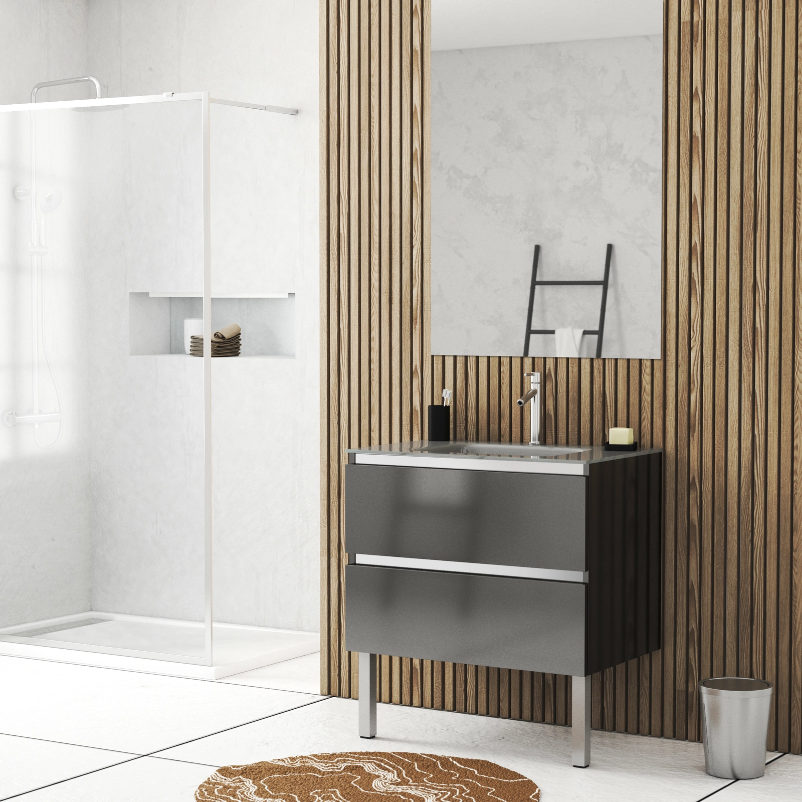 Pack Meuble de salle de bains 80cm Gris Laqué à tiroirs et Vasque en Verre Gris - NATURA MOOD Pack Meuble de salle de bains 80cm Gris Laqué à tiroirs et Vasque en Verre Gris - NATURA MOOD
