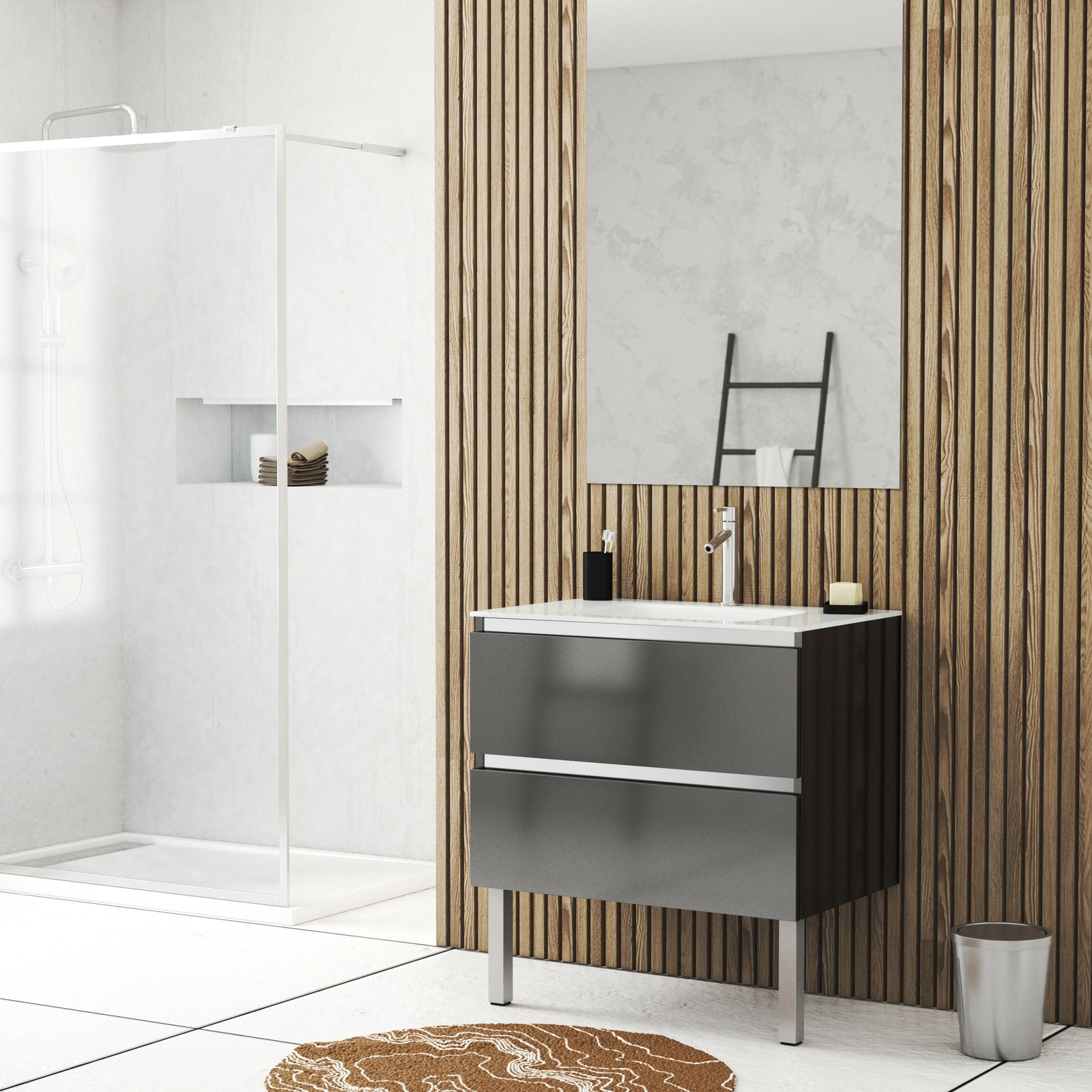 Pack Meuble de salle de bains 80cm Gris Laqué à tiroirs et Vasque en Verre Blanc - NATURA MOOD Pack Meuble de salle de bains 80cm Gris Laqué à tiroirs et Vasque en Verre Blanc - NATURA MOOD