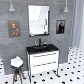 Pack meuble salle de bain 80x50 Blanc -2 tiroirs noir - vasque noir effet pierre et miroir noir mat