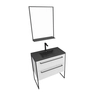 Pack meuble salle de bain 80x50 Blanc -2 tiroirs noir - vasque noir effet pierre et miroir noir mat