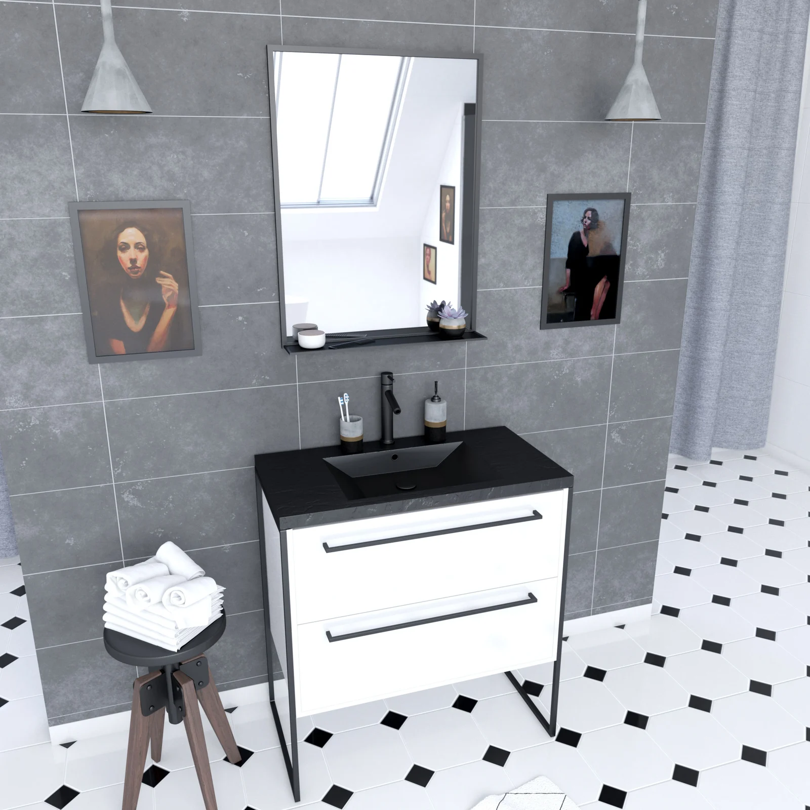 Pack meuble salle de bain 80x50 Blanc -2 tiroirs noir - vasque noir effet pierre et miroir noir mat Pack meuble salle de bain 80x50 Blanc -2 tiroirs noir - vasque noir effet pierre et miroir noir mat