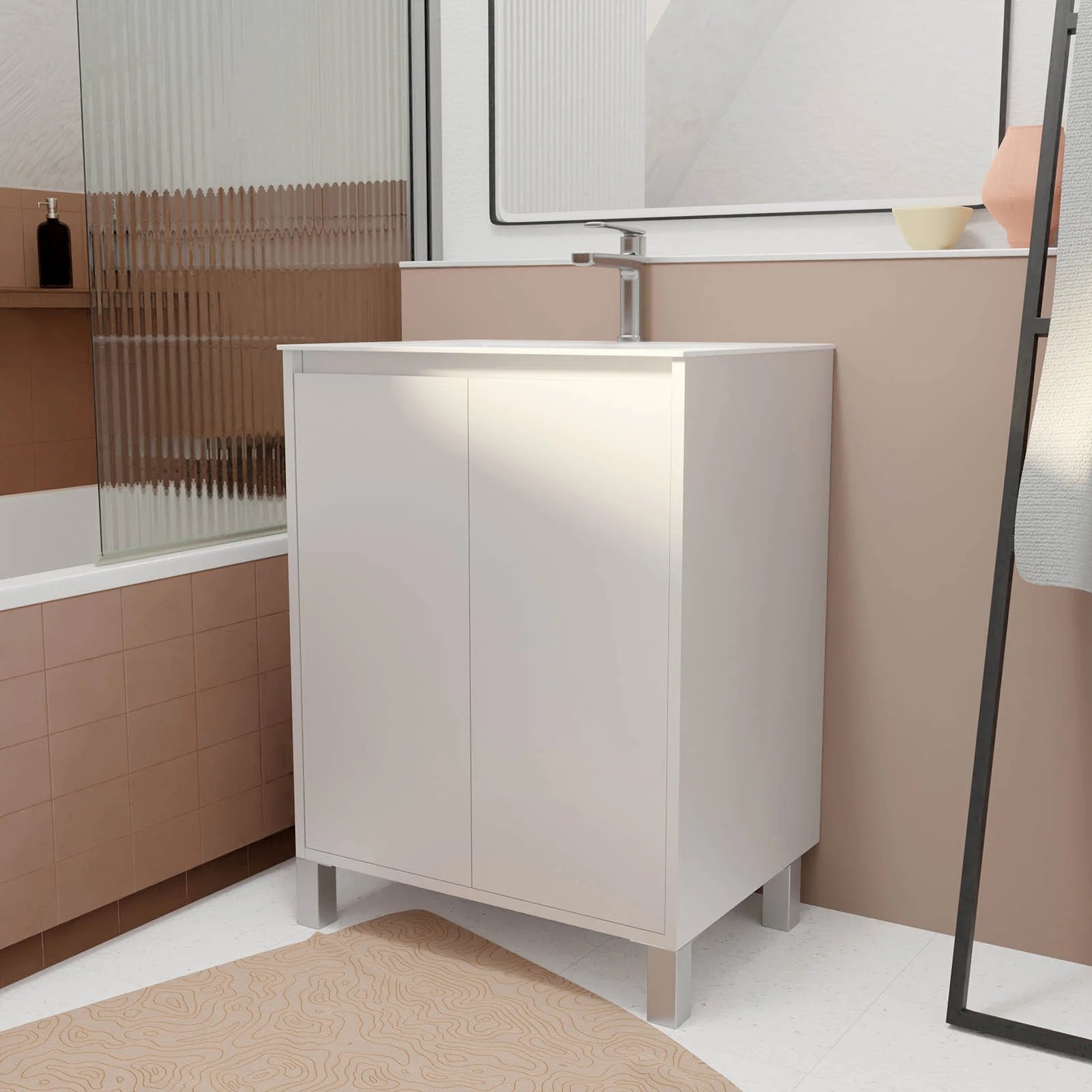 Pack Meuble Salle de Bains 60 cm Blanc, 2 portes avec Vasque C