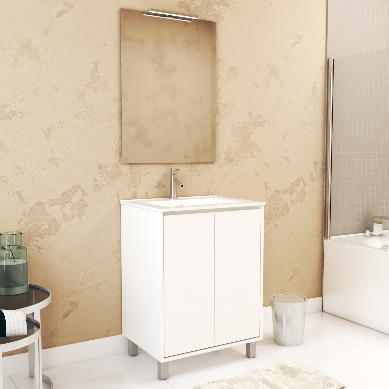 Pack Meuble Salle de Bains 60 cm Blanc 2 Portes, Vasque, Miroir 60x80 et Réglette Led - XENOS Pack Meuble Salle de Bains 60 cm Blanc 2 Portes, Vasque, Miroir 60x80 et Réglette Led - XENOS