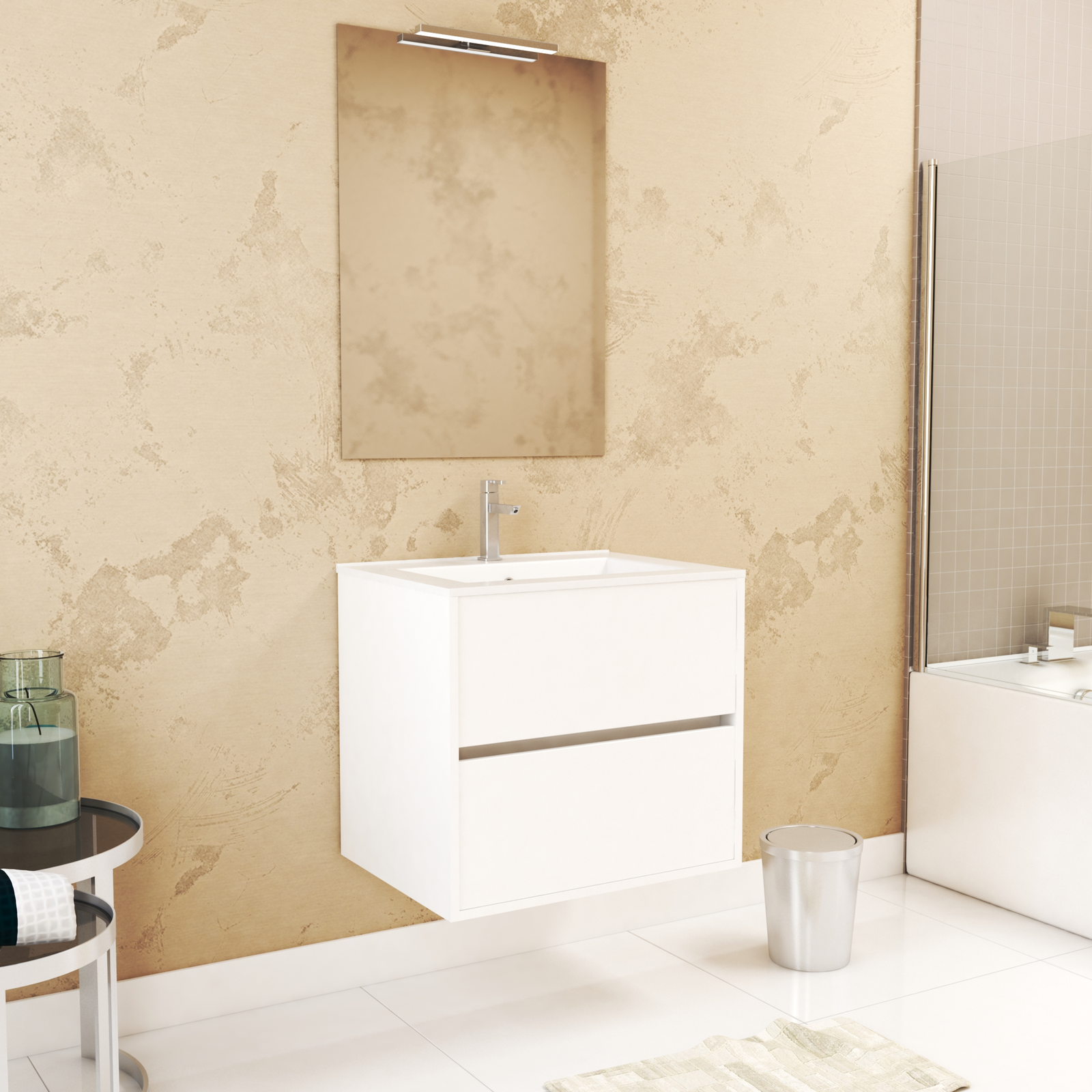 Pack Meuble Salle de Bains 60cm Blanc 2 Tiroirs, Vasque, Miroir 60x80 et réglette Led - XENOS Pack Meuble Salle de Bains 60cm Blanc 2 Tiroirs, Vasque, Miroir 60x80 et réglette Led - XENOS