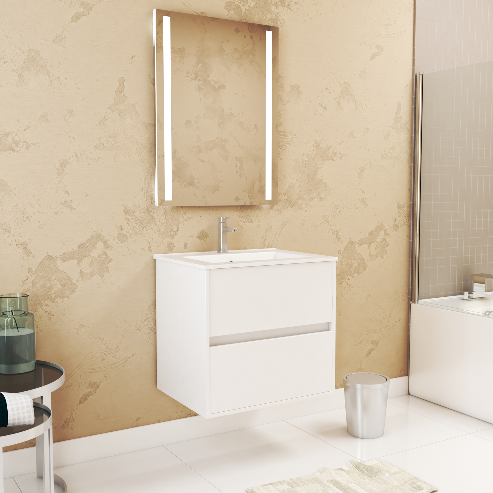 Pack Meuble Salle de Bains 60cm Blanc 2 Tiroirs, Vasque, Miroir 60x80 à Leds intégrées - XENOS Pack Meuble Salle de Bains 60cm Blanc 2 Tiroirs, Vasque, Miroir 60x80 à Leds intégrées - XENOS