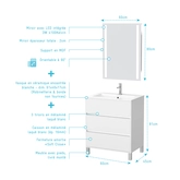 Pack Meuble Salle de Bains 60cm Blanc 3 Tiroirs, Vasque, Miroir 60x80 à Leds intégrées - XENOS