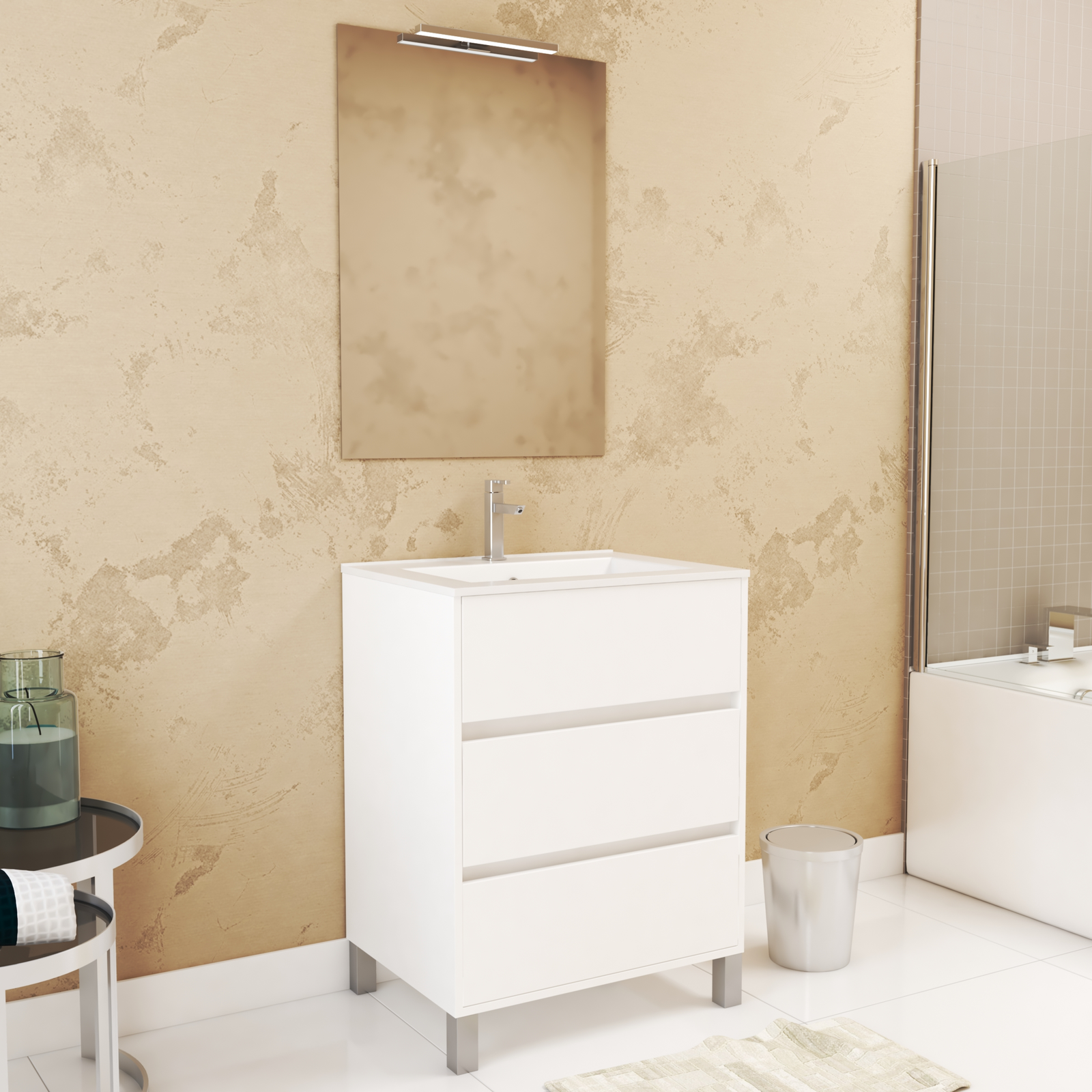 Pack Meuble Salle de Bains 60cm Blanc 3 Tiroirs, Vasque, Miroir 60x80 et réglette Led - XENOS Pack Meuble Salle de Bains 60cm Blanc 3 Tiroirs, Vasque, Miroir 60x80 et réglette Led - XENOS