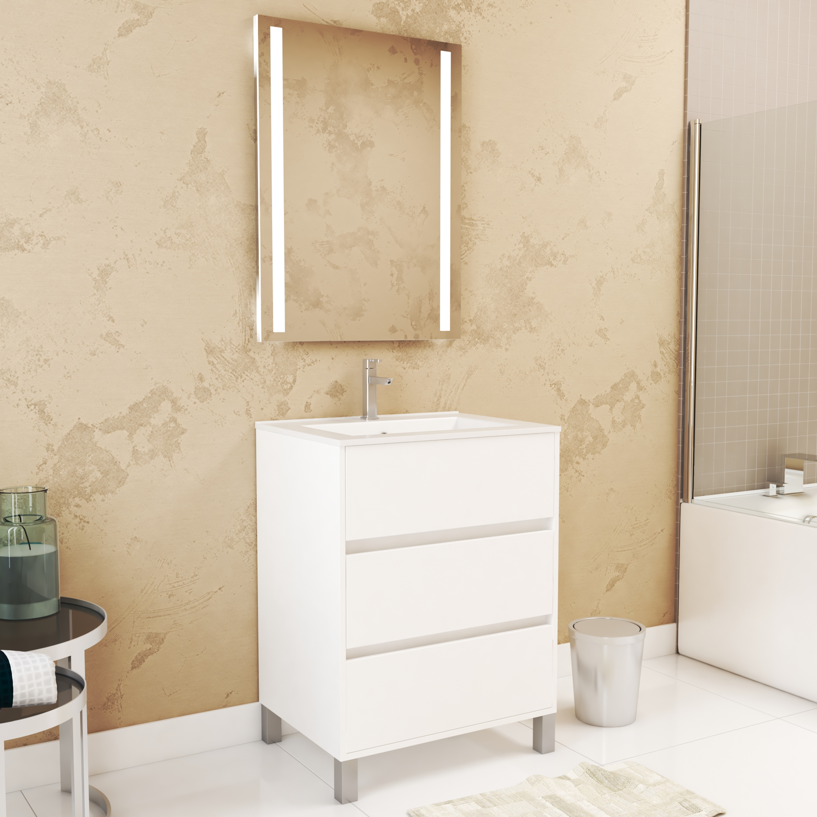 Pack Meuble Salle de Bains 60cm Blanc 3 Tiroirs, Vasque, Miroir 60x80 à Leds intégrées - XENOS Pack Meuble Salle de Bains 60cm Blanc 3 Tiroirs, Vasque, Miroir 60x80 à Leds intégrées - XENOS