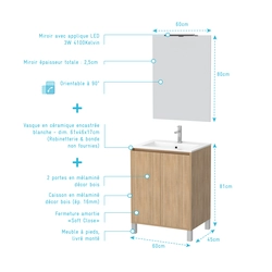 Pack Meuble Salle de Bains 60cm Chêne Clair 2 Portes, Vasque, Miroir 60x80 et réglette Led - XENOS