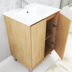 Pack Meuble Salle de Bains 60cm Chêne Clair 2 Portes, Vasque, Miroir 60x80 et réglette Led - XENOS