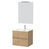 Pack Meuble Salle de Bains 60cm Chêne Clair 2 Tiroirs, Vasque, Miroir 60x80 et réglette Led - XENOS