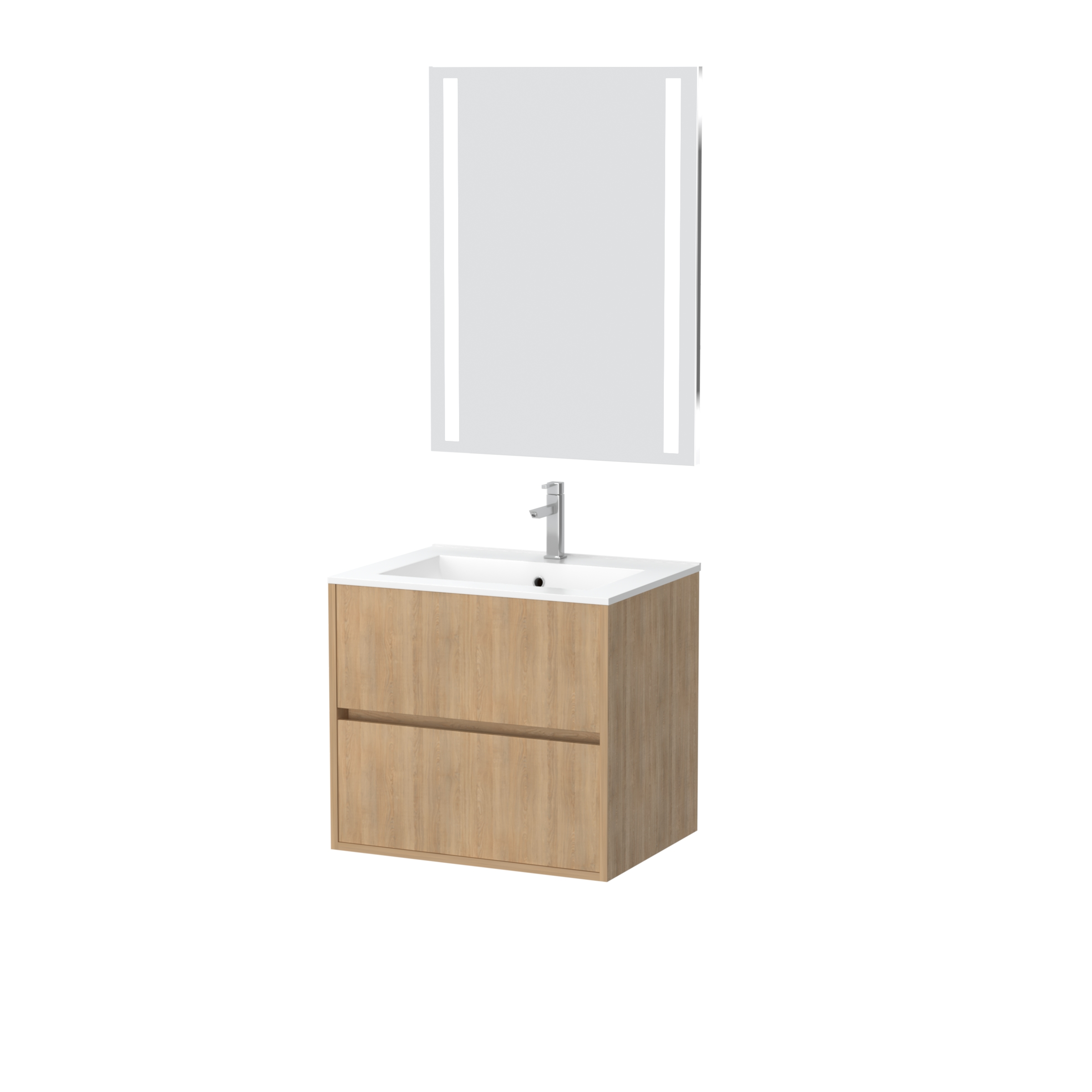 AURLANE Timber Set Mobile Bagno 60 Cm, 2 Cassetti A Chiusura Progressiva, Lavabo Nero E Specchio, Finitura Rovere Naturale