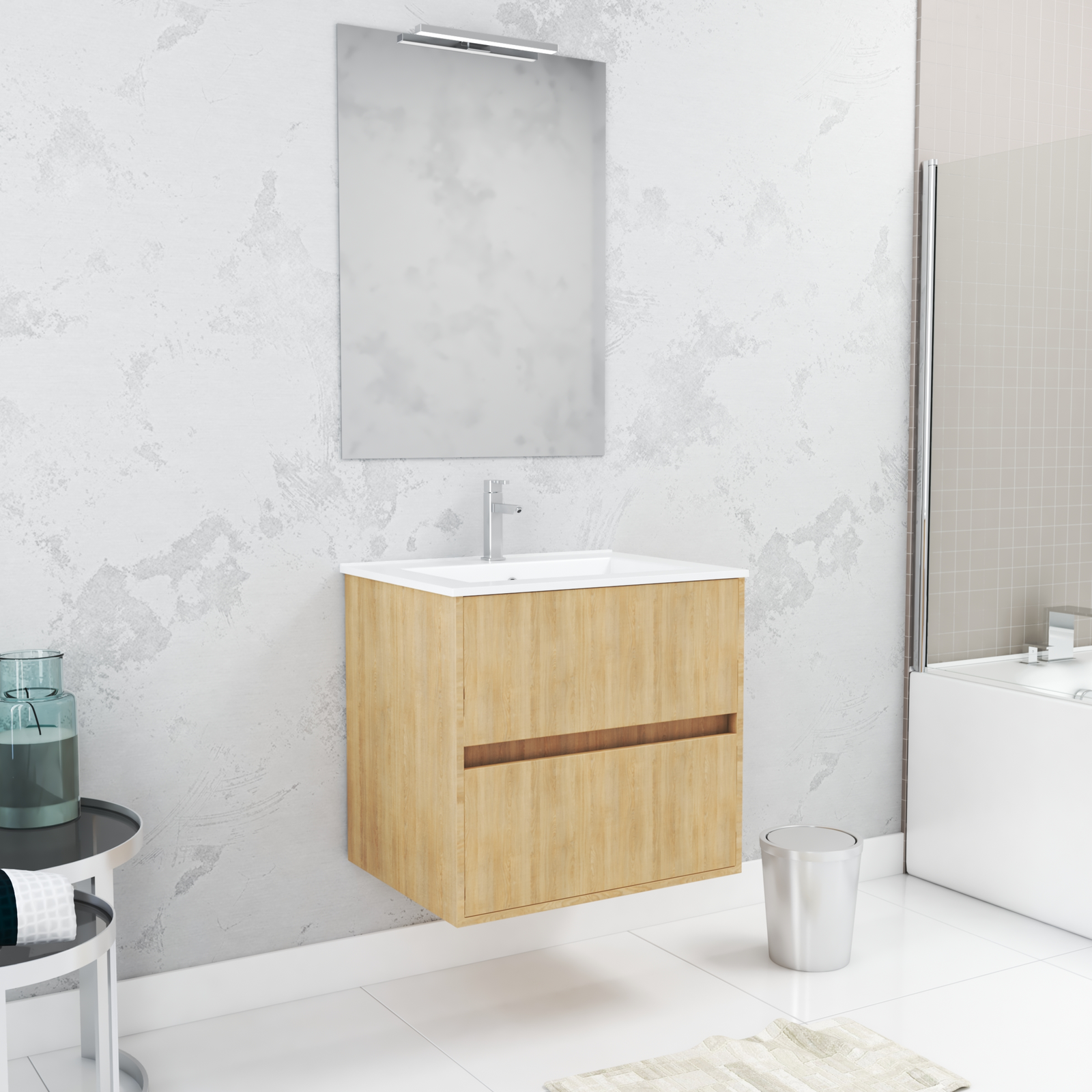 Pack Meuble Salle de Bains 60cm Chêne Clair 2 Tiroirs, Vasque, Miroir 60x80 et réglette Led - XENOS Pack Meuble Salle de Bains 60cm Chêne Clair 2 Tiroirs, Vasque, Miroir 60x80 et réglette Led - XENOS