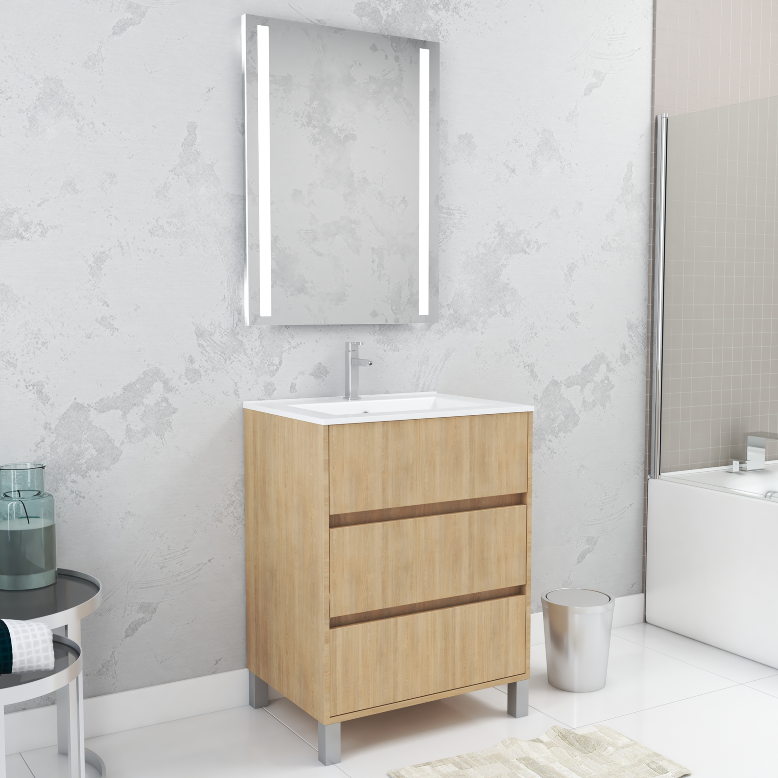 Pack Meuble Salle de Bains 60cm Chêne Clair 3 Tiroirs, Vasque, Miroir 60x80 à Leds intégrées - XENOS Pack Meuble Salle de Bains 60cm Chêne Clair 3 Tiroirs, Vasque, Miroir 60x80 à Leds intégrées - XENOS