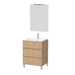 Pack Meuble Salle de Bains 60cm Chêne Clair 3 Tiroirs, Vasque, Miroir 60x80 et réglette Led - XENOS