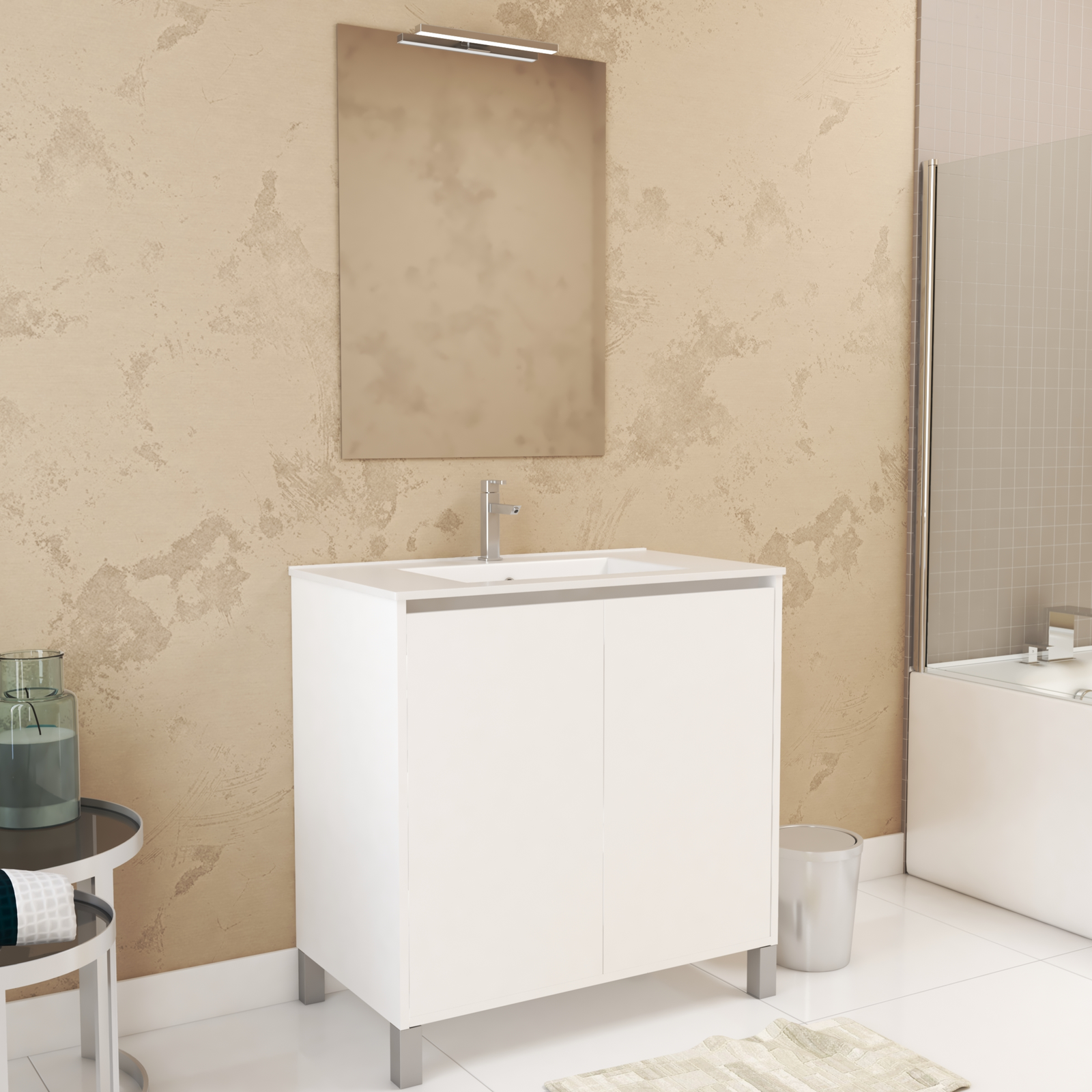 Pack Meuble Salle de Bains 80cm Blanc 2 Portes, Vasque, Miroir 60x80 et réglette Led - XENOS Pack Meuble Salle de Bains 80cm Blanc 2 Portes, Vasque, Miroir 60x80 et réglette Led - XENOS