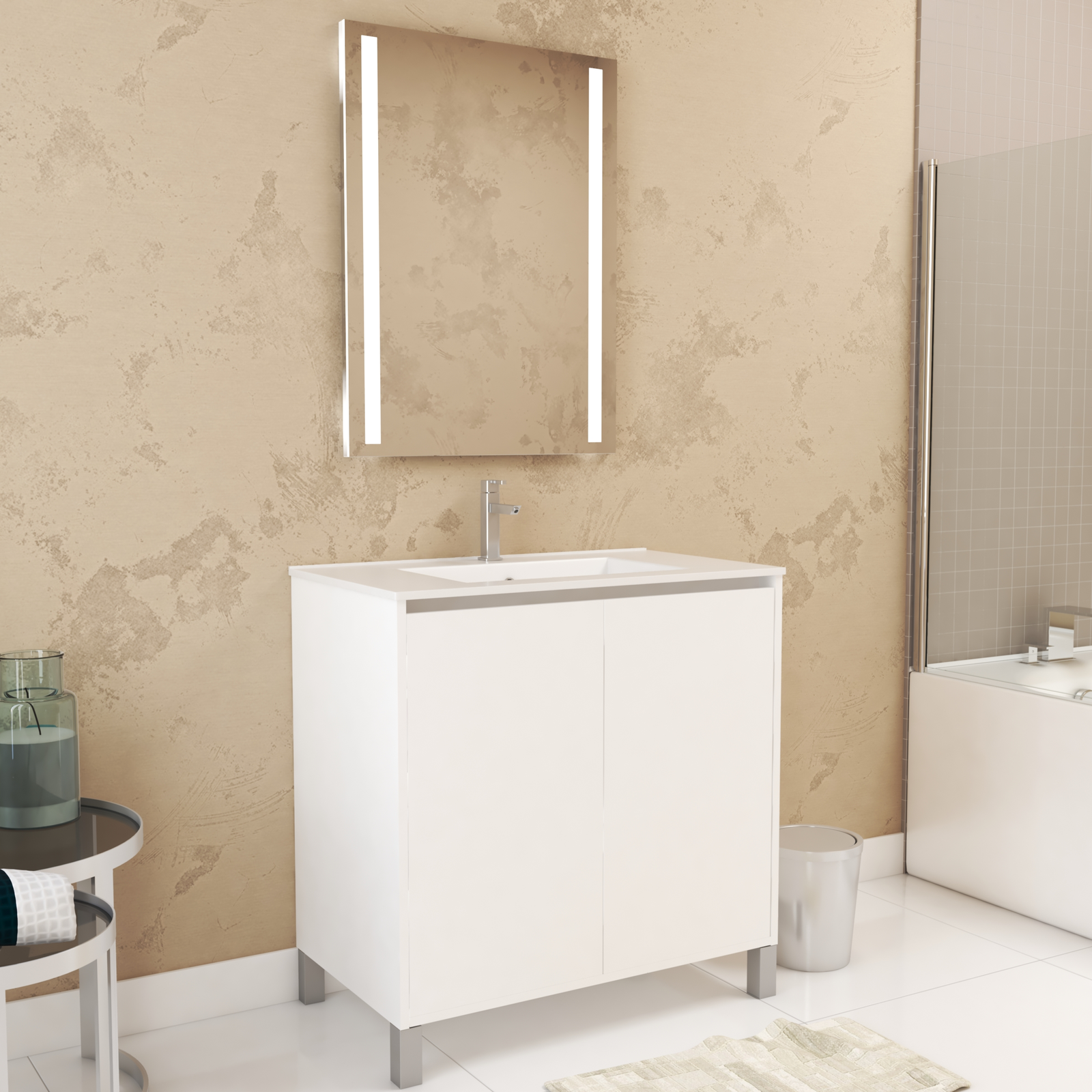 Pack Meuble Salle de Bains 80cm Blanc 2 Portes, Vasque, Miroir 60x80 à Leds intégrées - XENOS Pack Meuble Salle de Bains 80cm Blanc 2 Portes, Vasque, Miroir 60x80 à Leds intégrées - XENOS