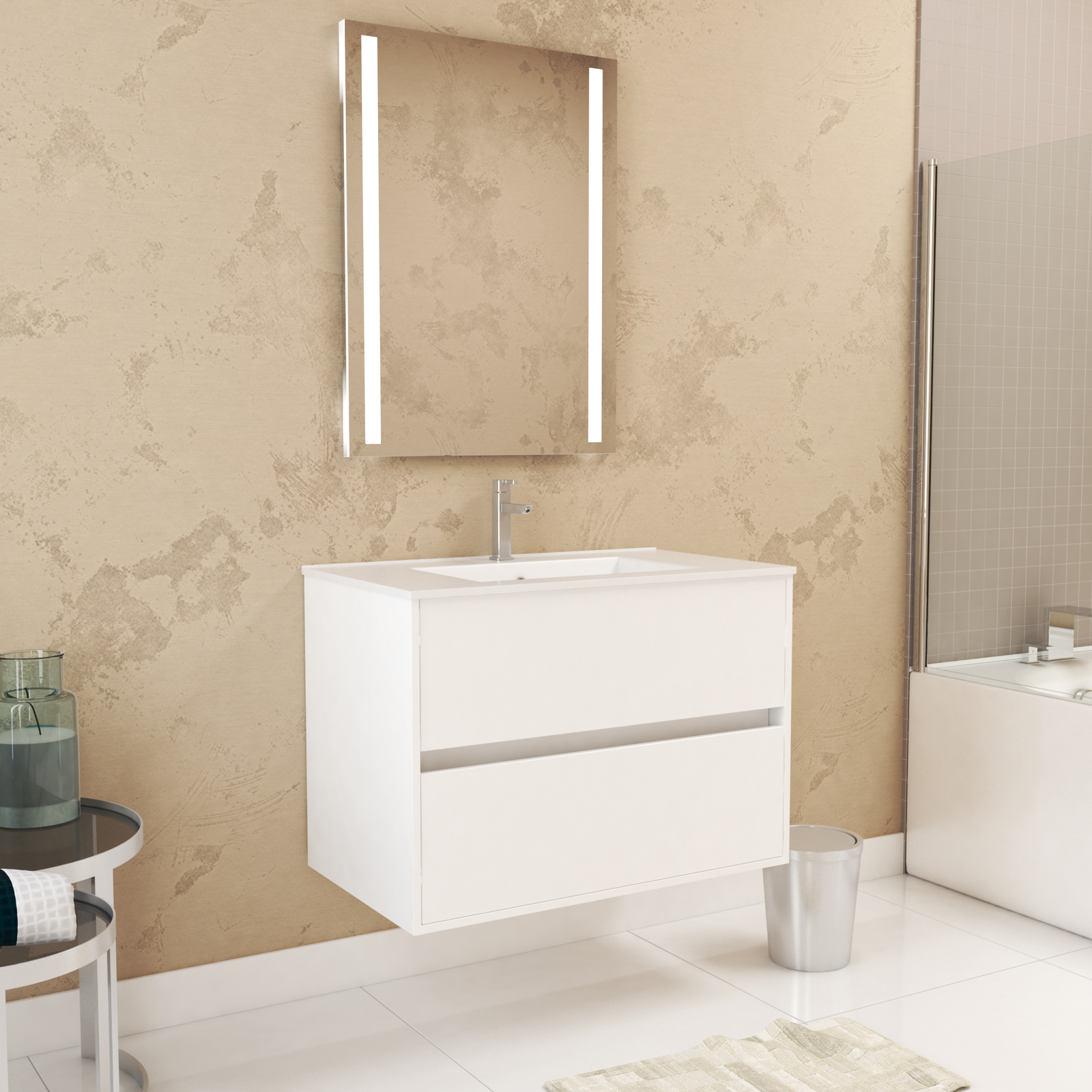 Pack Meuble Salle de Bains 80cm Blanc 2 Tiroirs, Vasque, Miroir 60x80 à Leds intégrées - XENOS Pack Meuble Salle de Bains 80cm Blanc 2 Tiroirs, Vasque, Miroir 60x80 à Leds intégrées - XENOS