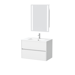 Pack Meuble Salle de Bains 80cm Blanc 2 Tiroirs, Vasque, Miroir 60x80 à Leds intégrées - XENOS
