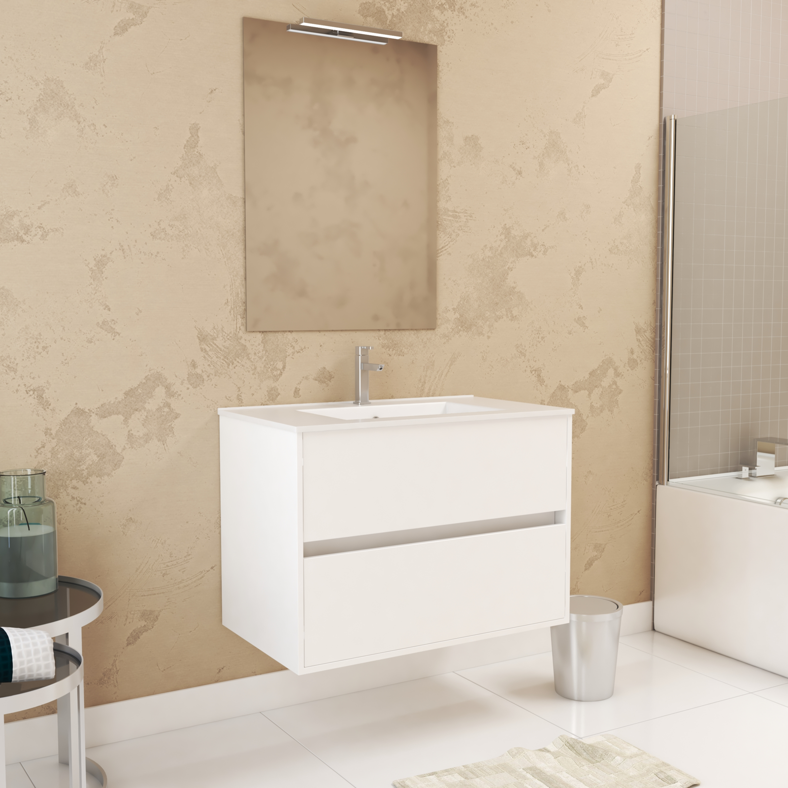 Pack Meuble Salle de Bains 80cm Blanc 2 Tiroirs, Vasque, Miroir 60x80 et réglette Led - XENOS Pack Meuble Salle de Bains 80cm Blanc 2 Tiroirs, Vasque, Miroir 60x80 et réglette Led - XENOS