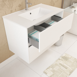 Pack Meuble Salle de Bains 80cm Blanc 2 Tiroirs, Vasque, Miroir 60x80 et réglette Led - XENOS