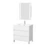 Pack Meuble Salle de Bains 80cm Blanc 3 Tiroirs, Vasque, Miroir 60x80 à Leds intégrées - XENOS
