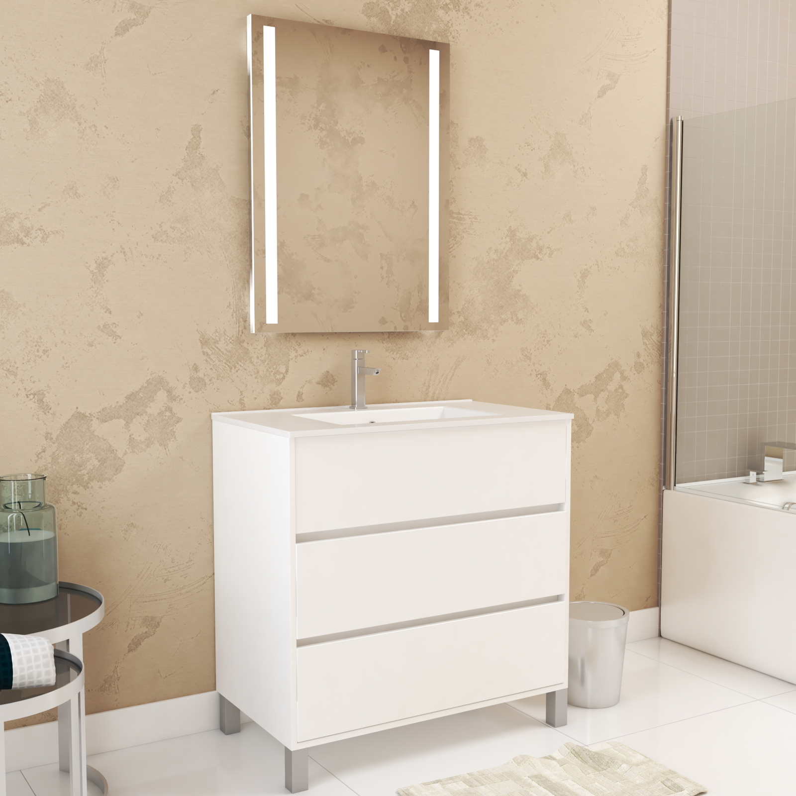 Pack Meuble Salle de Bains 80cm Blanc 3 Tiroirs, Vasque, Miroir 60x80 à Leds intégrées - XENOS Pack Meuble Salle de Bains 80cm Blanc 3 Tiroirs, Vasque, Miroir 60x80 à Leds intégrées - XENOS