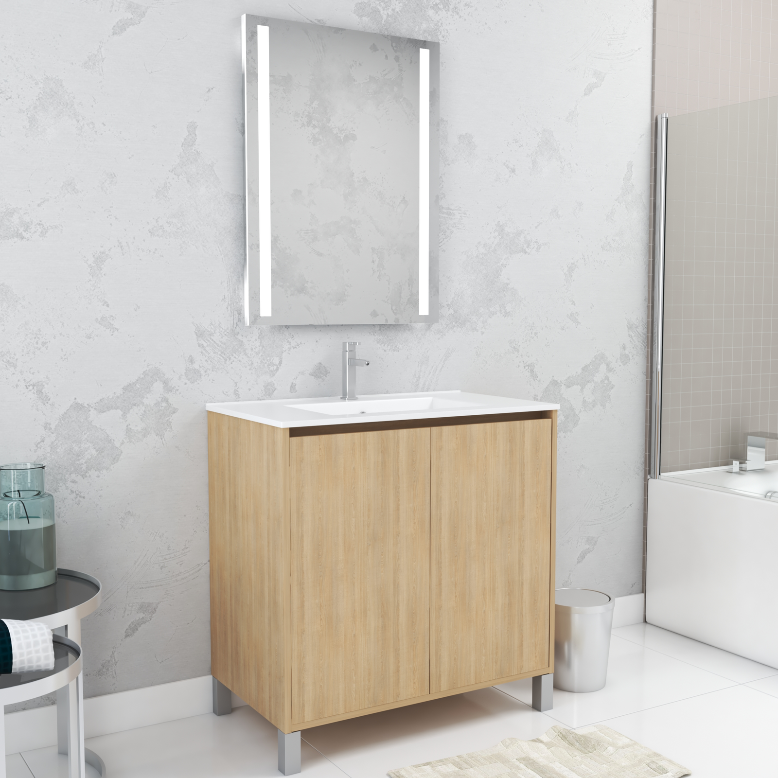 Pack Meuble Salle de Bains 80cm Chêne Clair 2 Portes, Vasque, Miroir 60x80 à Leds intégrées - XENOS Pack Meuble Salle de Bains 80cm Chêne Clair 2 Portes, Vasque, Miroir 60x80 à Leds intégrées - XENOS