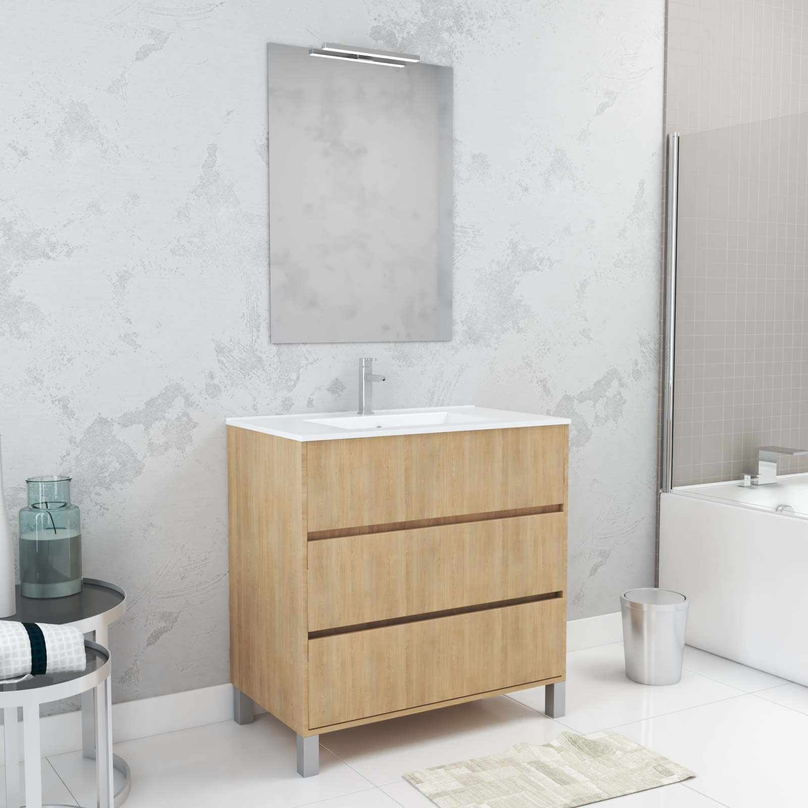 Pack Meuble Salle de Bains 80cm Chêne Clair 3 Tiroirs, Vasque, Miroir 60x80 et réglette Led - XENOS Pack Meuble Salle de Bains 80cm Chêne Clair 3 Tiroirs, Vasque, Miroir 60x80 et réglette Led - XENOS