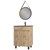 Pack Meuble SDB 60cm sur pieds 2 portes Chene_Vasque noire + Miroir Barber - TIMBER 60_Pack20