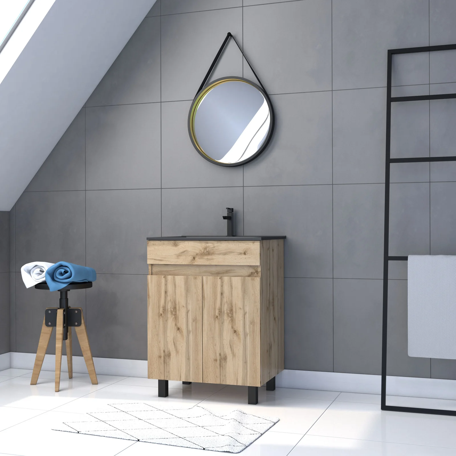 Pack Meuble SDB 60cm sur pieds 2 portes Chene_Vasque noire + Miroir Barber - TIMBER 60_Pack20 Pack Meuble SDB 60cm sur pieds 2 portes Chene_Vasque noire + Miroir Barber - TIMBER 60_Pack20
