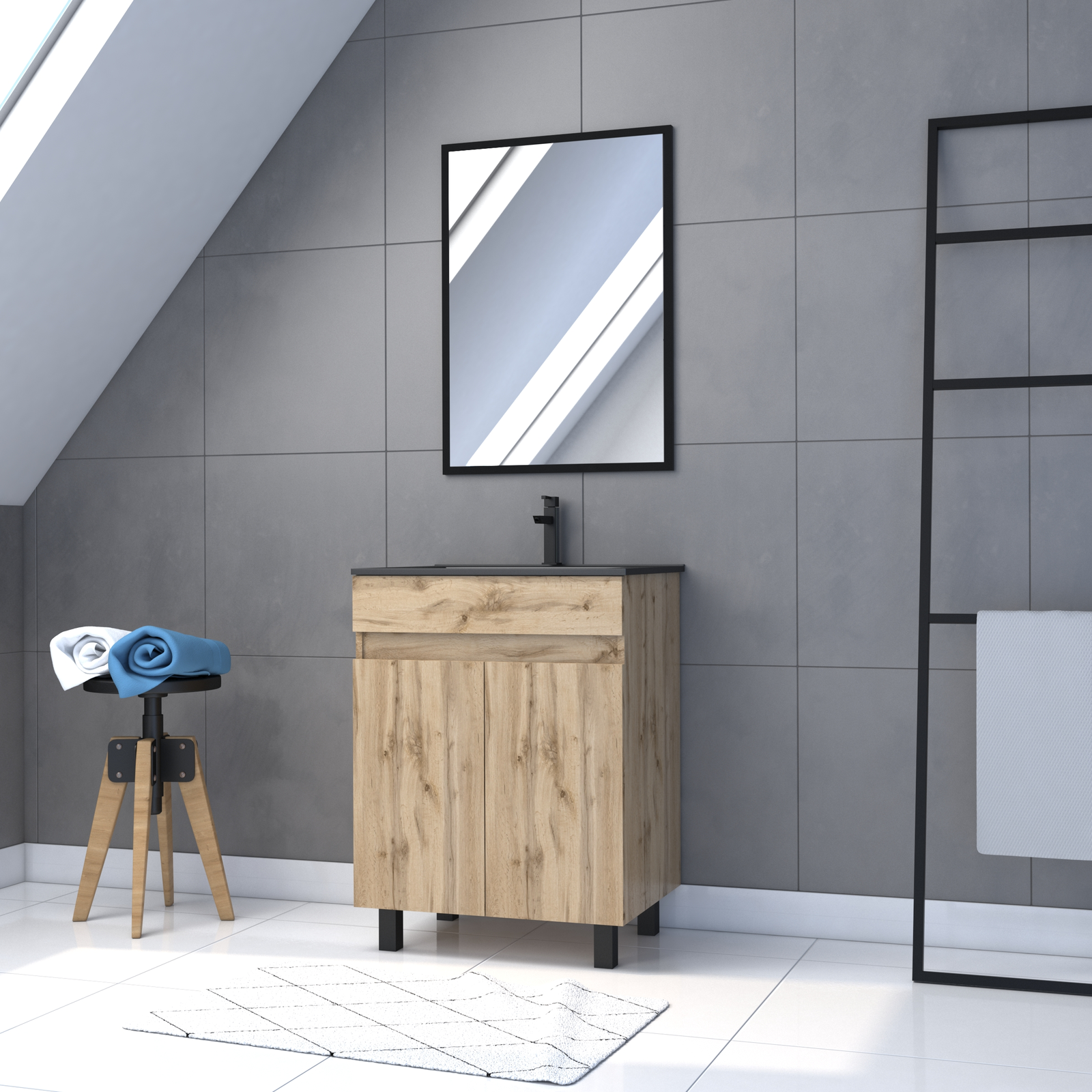 Pack Meuble SDB 60cm sur pieds 2 portes Chene_Vasque noire + Miroir - TIMBER 60_Pack01 Pack Meuble SDB 60cm sur pieds 2 portes Chene_Vasque noire + Miroir - TIMBER 60_Pack01
