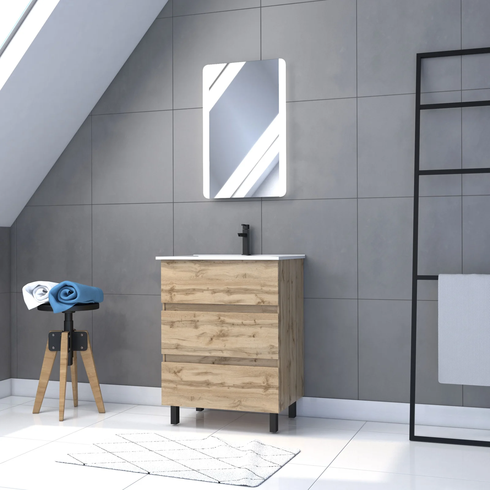 Pack Meuble SDB 60cm sur pieds 3 tiroirs Chene_Vasque blanche + Miroir Led - TIMBER 60_Pack16 Pack Meuble SDB 60cm sur pieds 3 tiroirs Chene_Vasque blanche + Miroir Led - TIMBER 60_Pack16