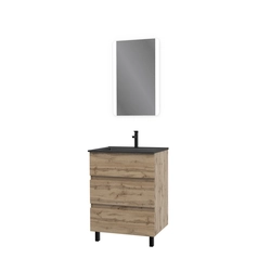 Pack Meuble SDB 60cm sur pieds 3 tiroirs Chene_Vasque noire + Miroir Led - TIMBER 60_Pack 14