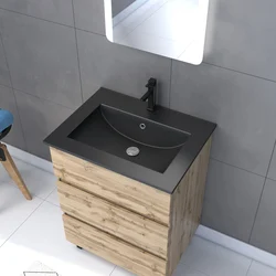 Pack Meuble SDB 60cm sur pieds 3 tiroirs Chene_Vasque noire + Miroir Led - TIMBER 60_Pack 14