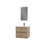 Pack Meuble SDB 60cm suspendu 2 tiroirs Chene_Vasque blanche + Miroir Led - TIMBER 60_Pack10