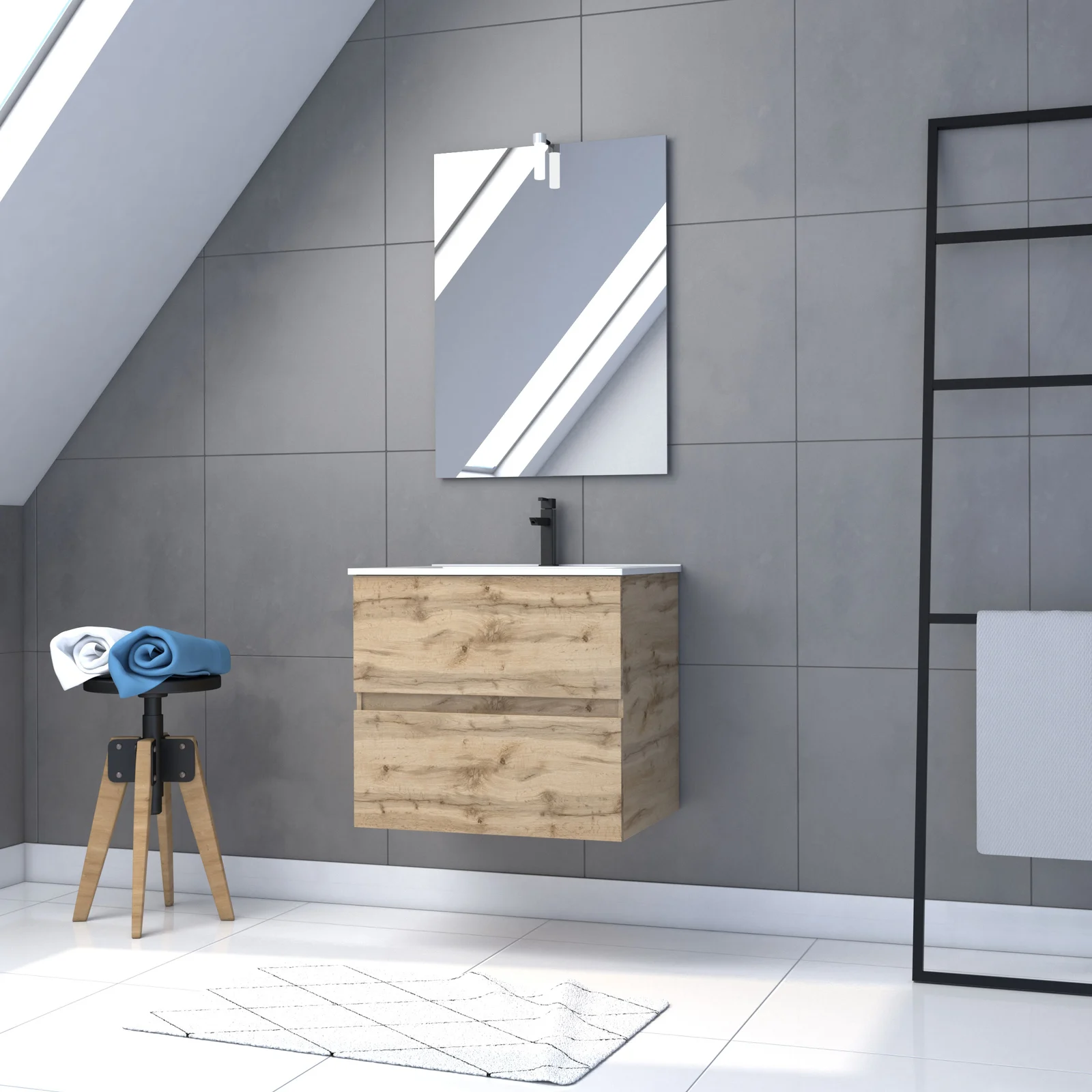 Pack Meuble SDB 60cm suspendu 2 tiroirs Chene_Vasque blanche + Miroir Led - TIMBER 60_Pack31 Pack Meuble SDB 60cm suspendu 2 tiroirs Chene_Vasque blanche + Miroir Led - TIMBER 60_Pack31