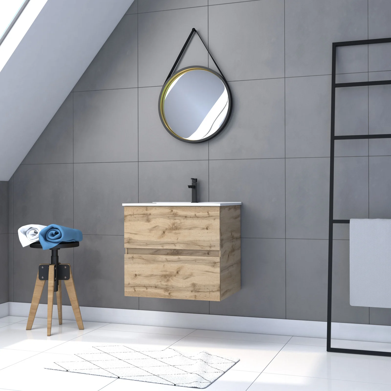 Pack Meuble SDB 60cm suspendu 2 tiroirs Chene_Vasque blanche + Miroir Barber - TIMBER 60_Pack32